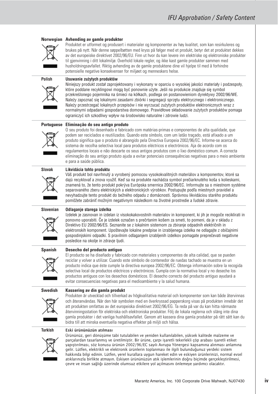 Ifu approbation / safety content | Marantz RC9001 User Manual | Page 19 / 20