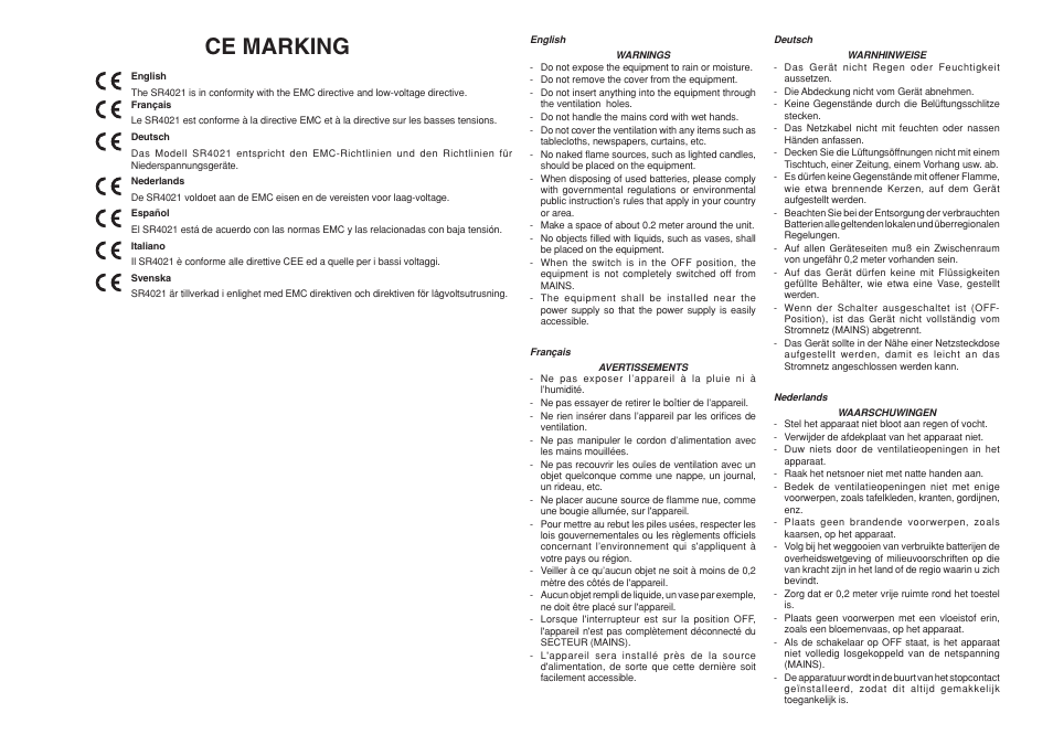 Ce marking | Marantz SR4021 User Manual | Page 3 / 23