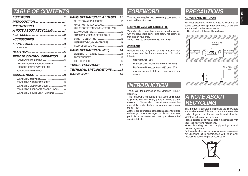 Table of contents foreword, Introduction, Precautions | Marantz SR4021 User Manual | Page 5 / 23
