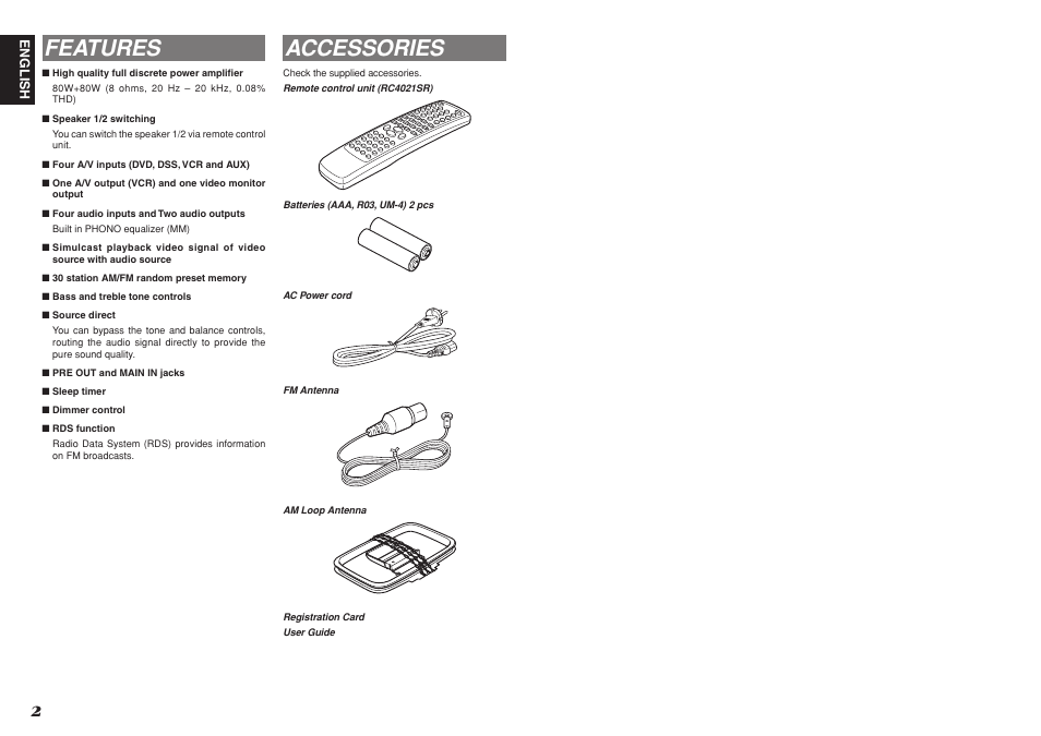 Accessories, Features | Marantz SR4021 User Manual | Page 6 / 23