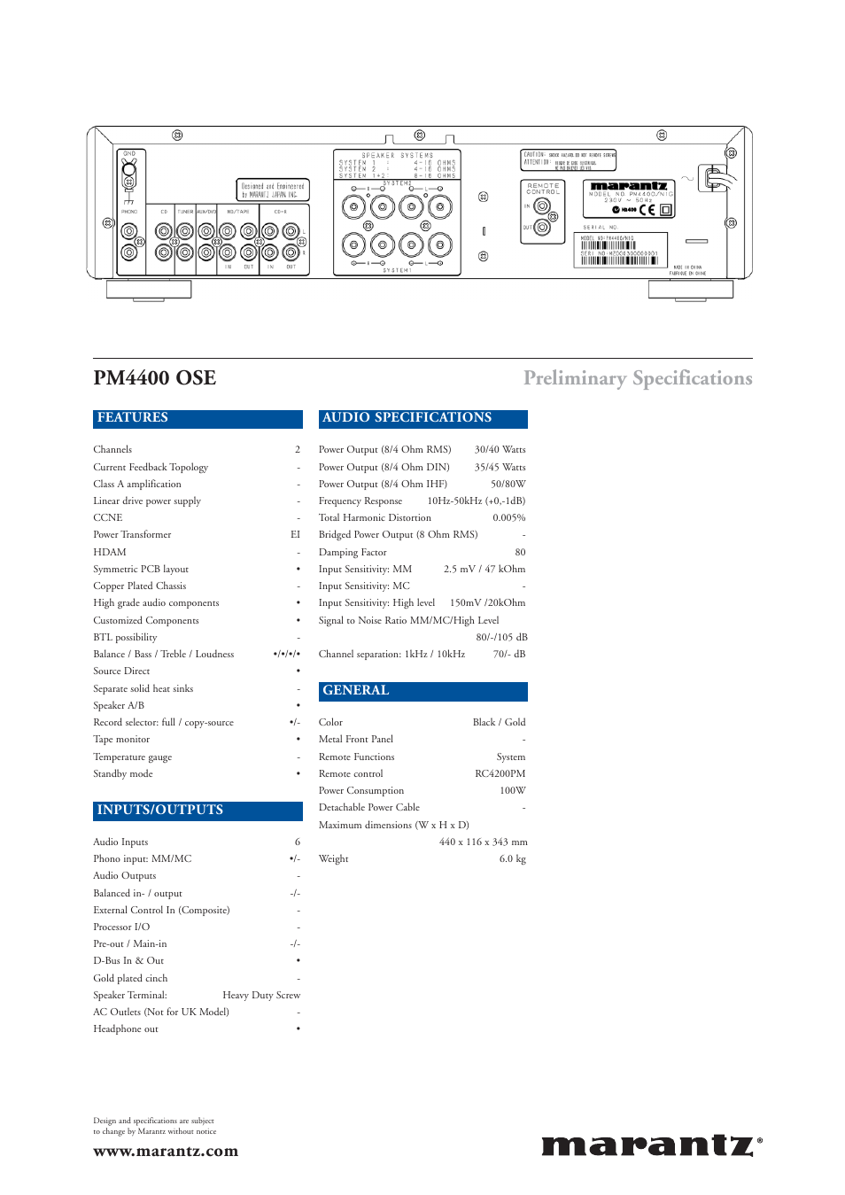 Pm4400 ose, Preliminary specifications, Features | Inputs/outputs, Audio specifications, General | Marantz PM4400 OSE User Manual | Page 4 / 4