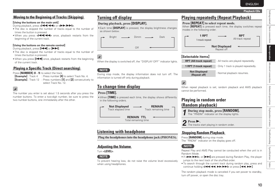 Turning off display, Listening with headphone, Playing repeatedly (repeat playback) | Playing in random order (random playback) | Marantz SA8004 User Manual | Page 13 / 31