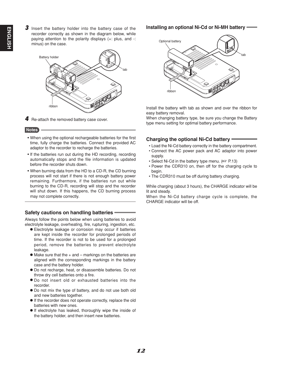 English, Safety cautions on handling batteries, Installing an optional ni-cd or ni-mh battery | Charging the optional ni-cd battery | Marantz CDR310 User Manual | Page 20 / 59