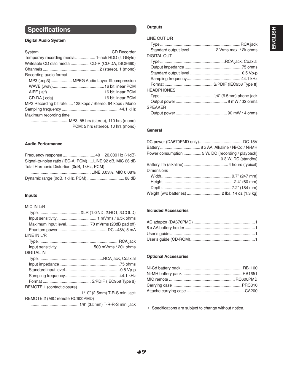 Specifications | Marantz CDR310 User Manual | Page 57 / 59