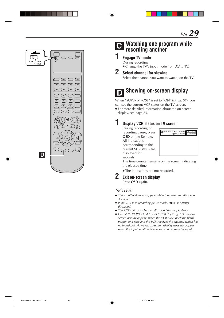 Watching one program while recording another, Showing on-screen display | Marantz MV8300_U1B User Manual | Page 29 / 92