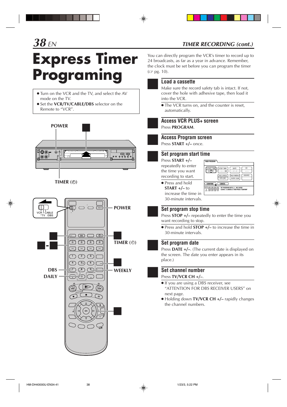 Express timer programing, Timer recording (cont.) | Marantz MV8300_U1B User Manual | Page 38 / 92