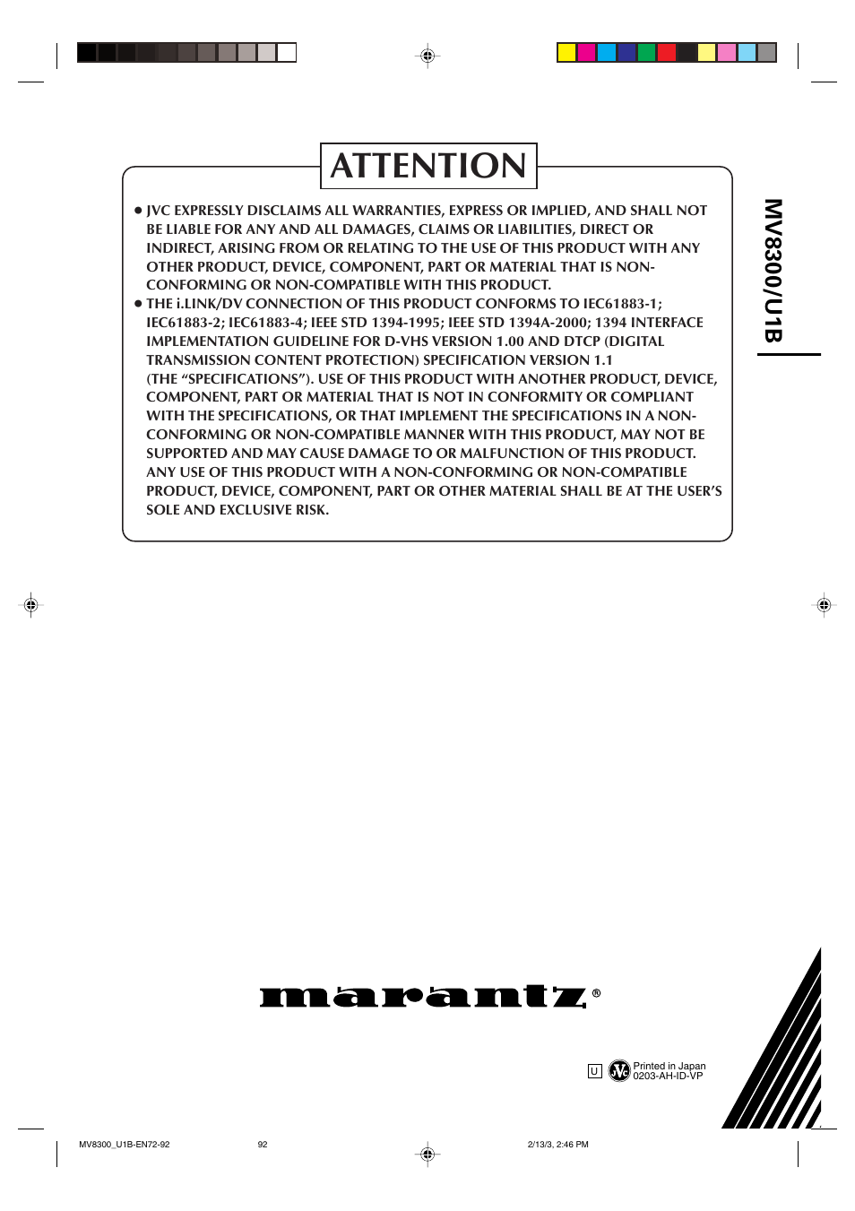 Attention | Marantz MV8300_U1B User Manual | Page 92 / 92