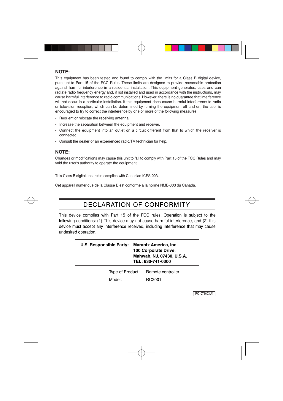 Declaration of conformity | Marantz RC2001 User Manual | Page 2 / 22