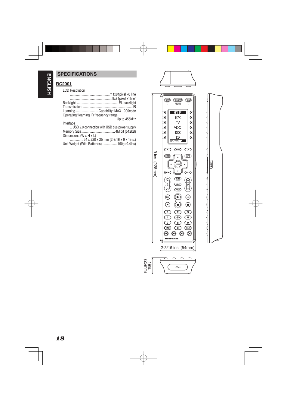 English specifications | Marantz RC2001 User Manual | Page 20 / 22