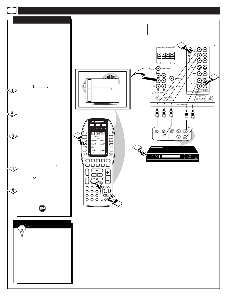 Sing the, Udio, Ideo | Nput, Acks, Continued, Video out jacks from the dvd player to the (y p, Mart | Marantz PV5580/PV6080 User Manual | Page 36 / 53