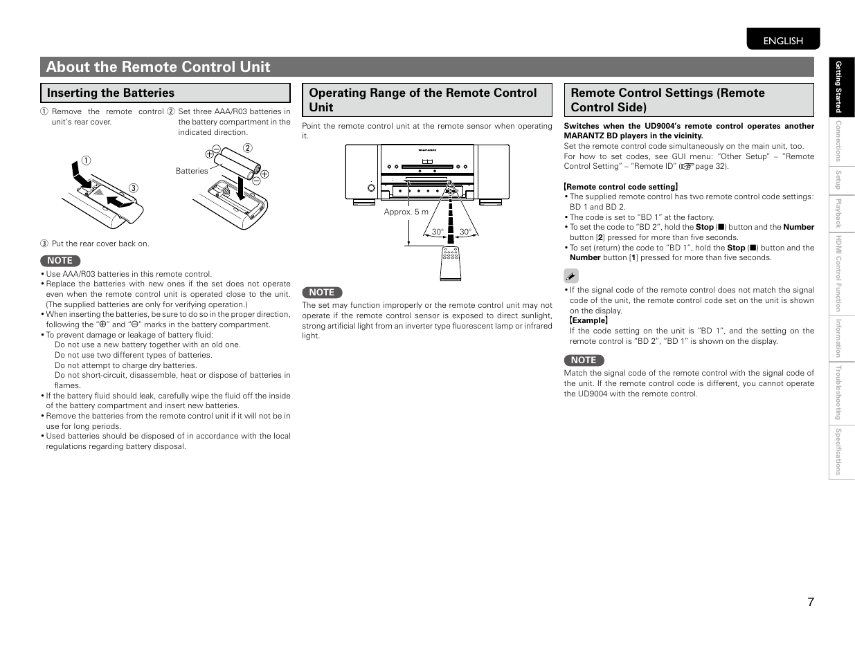 Preparing the remote control, About the remote control unit, Inserting the batteries | Operating range of the remote control unit, Remote control settings (remote control side) | Marantz UD9004 User Manual | Page 10 / 77