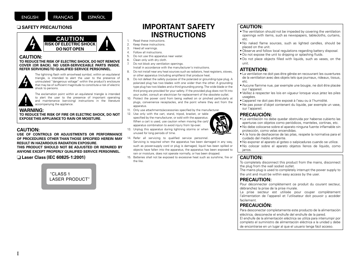 Important safety instructions, Caution | Marantz UD9004 User Manual | Page 2 / 77