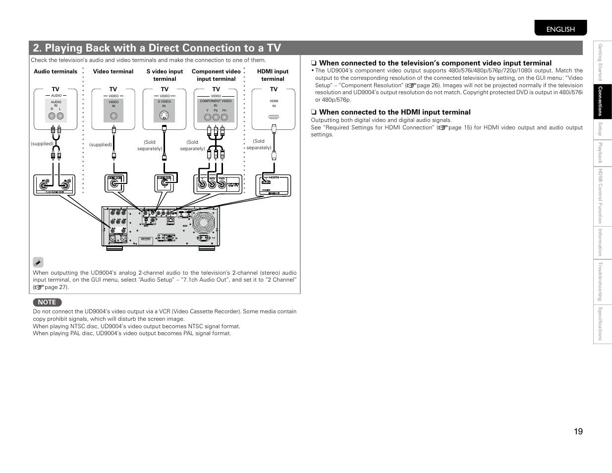 Direct tv playback, Playing back with a direct connection to a tv, English | When connected to the hdmi input terminal n | Marantz UD9004 User Manual | Page 22 / 77