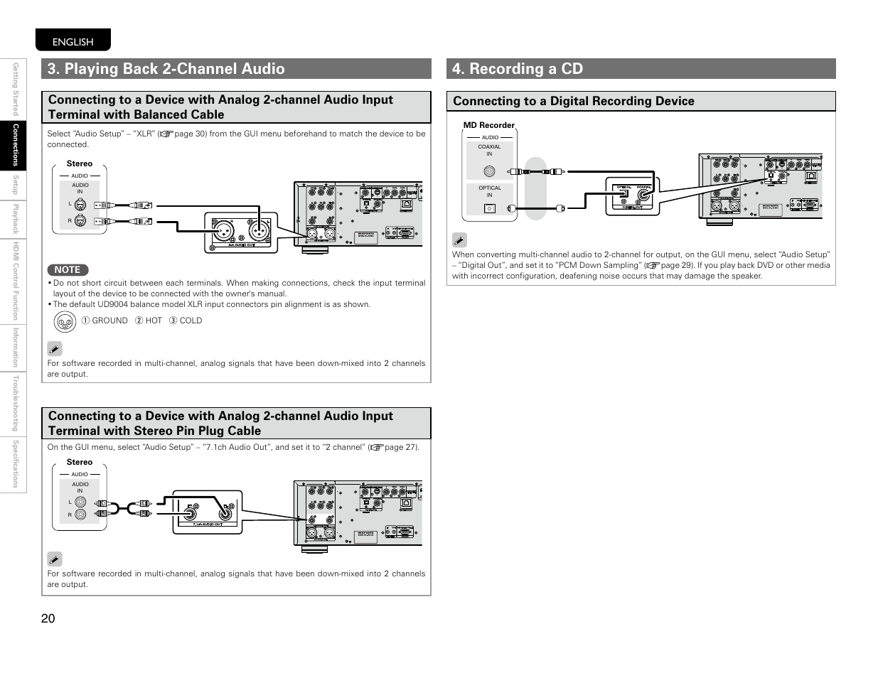 Playing back 2-channel audio, Recording a cd, Connecting to a digital recording device | Marantz UD9004 User Manual | Page 23 / 77