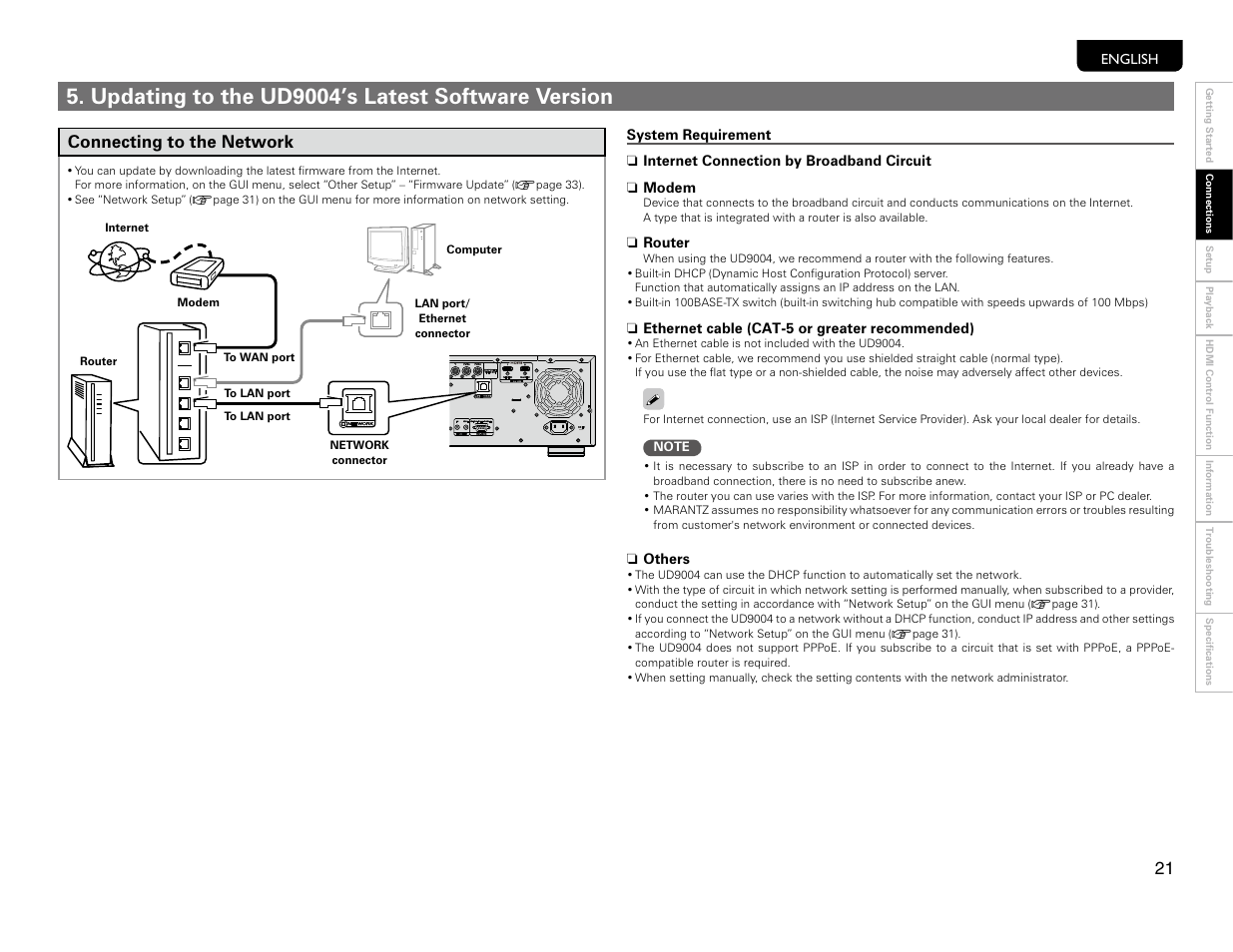 Network connection, Updating to the ud9004’s latest software version, Connecting to the network | Marantz UD9004 User Manual | Page 24 / 77