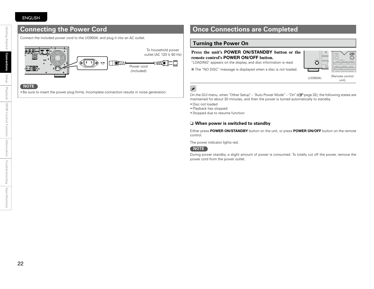 Power cord, Connecting the power cord, Once connections are completed | Turning the power on | Marantz UD9004 User Manual | Page 25 / 77
