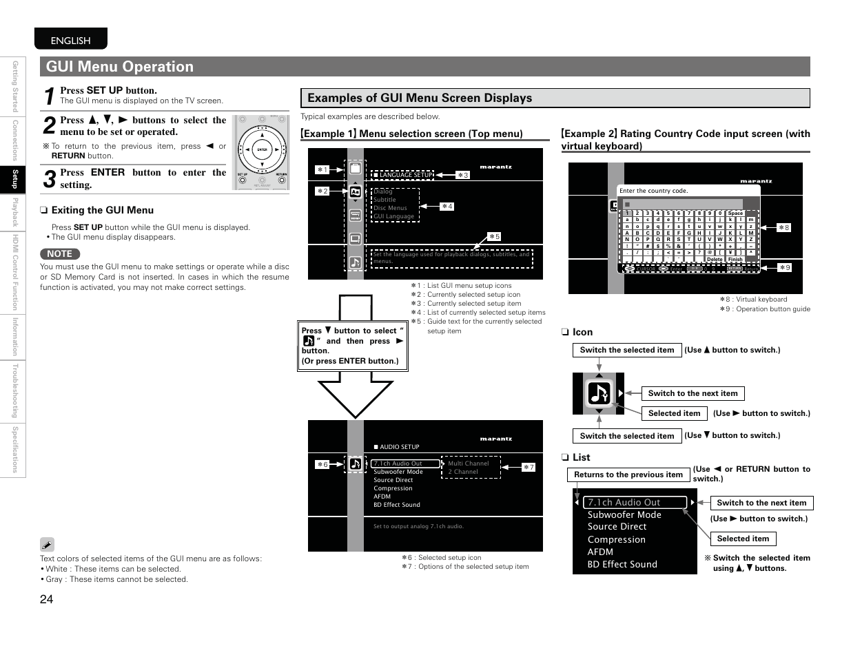 Gui menu operation, Examples of gui menu screen displays, English | Exiting the gui menu n, Press set up button, Press enter button to enter the setting | Marantz UD9004 User Manual | Page 27 / 77