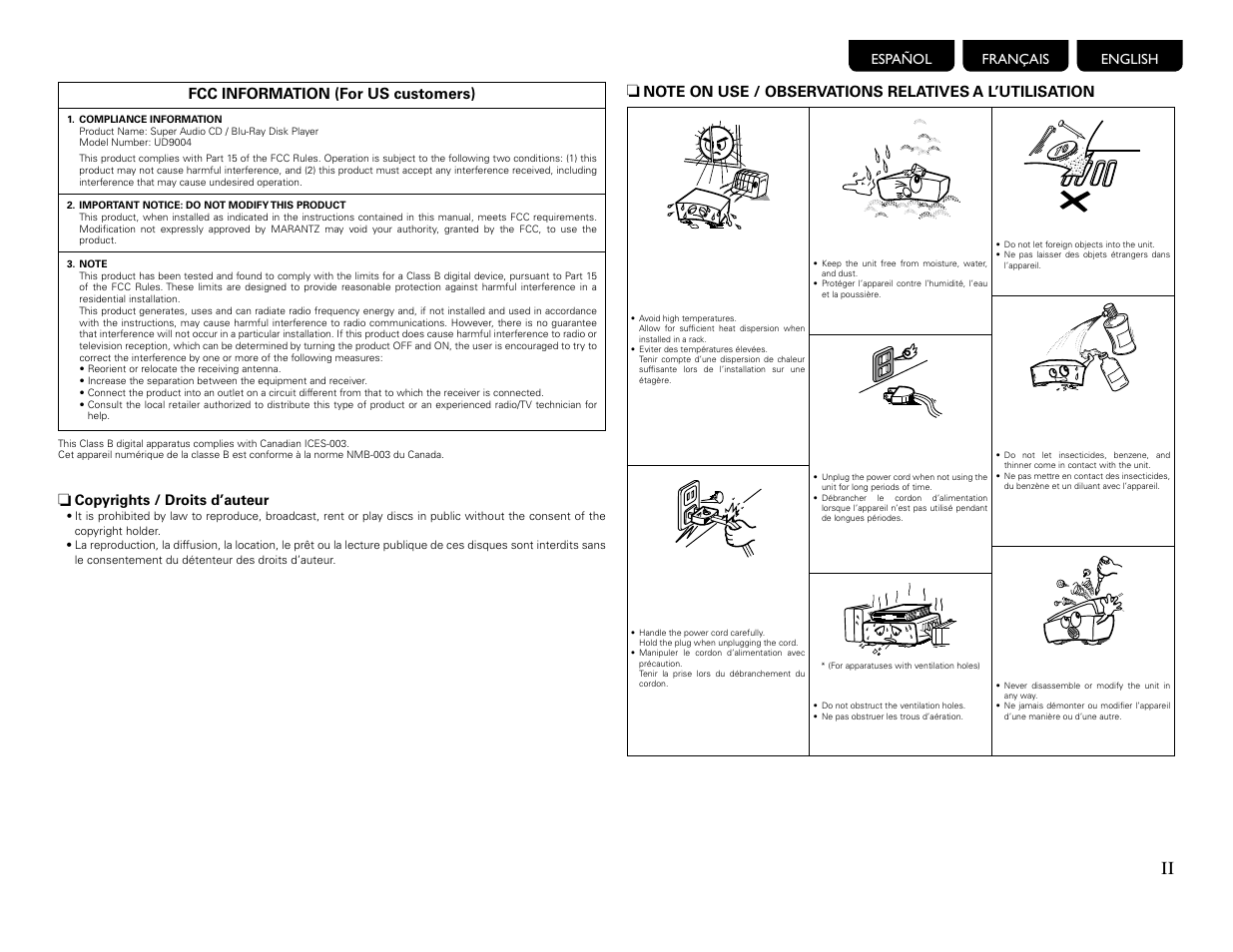 English français español, Copyrights / droits d’auteur | Marantz UD9004 User Manual | Page 3 / 77