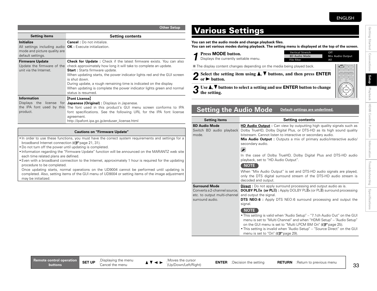 Various settings, Setting the audio mode | Marantz UD9004 User Manual | Page 36 / 77