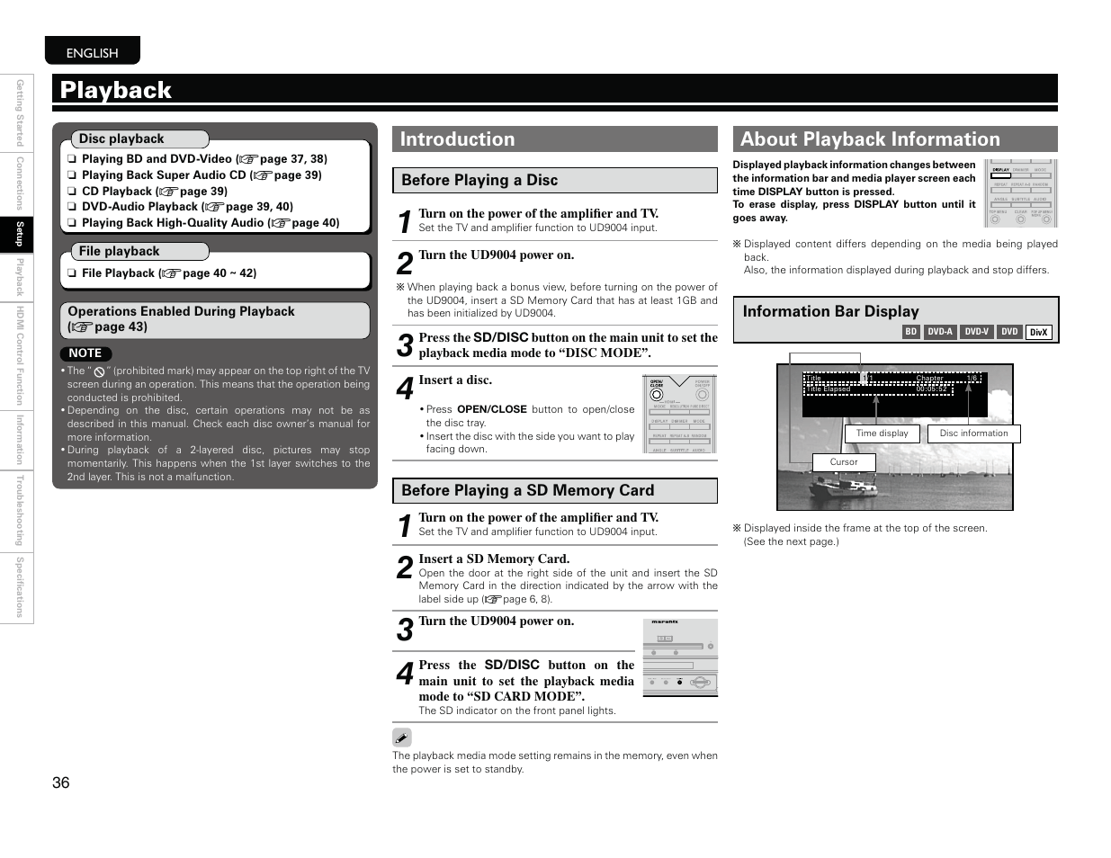 Playback, Before playing a disc, Before playing a sd memory card | Information bar display, Introduction, About playback information | Marantz UD9004 User Manual | Page 39 / 77