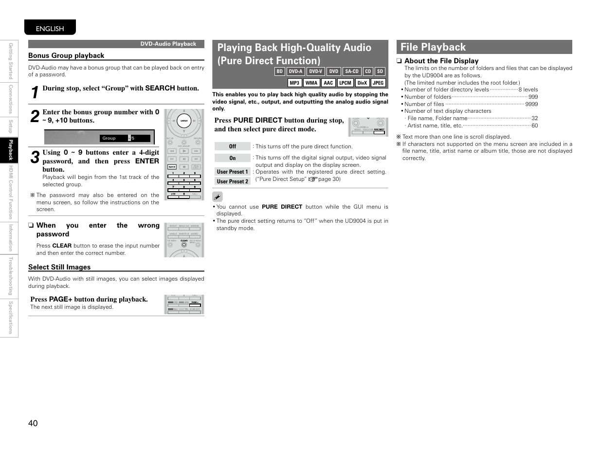 Pure direct function, File playback | Marantz UD9004 User Manual | Page 43 / 77