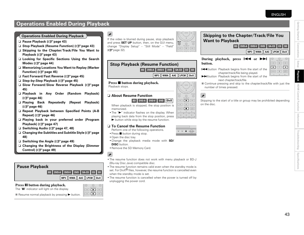 Operations enabled during playback, Pause playback, Stop playback (resume function) | Marantz UD9004 User Manual | Page 46 / 77