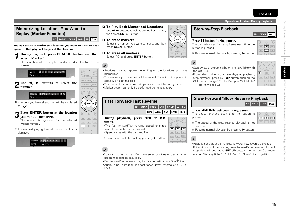 Fast forward / fast reverse, Step-by-step playback, Slow forward / slow reverse playback | Fast forward/fast reverse, Slow forward/slow reverse playback | Marantz UD9004 User Manual | Page 48 / 77