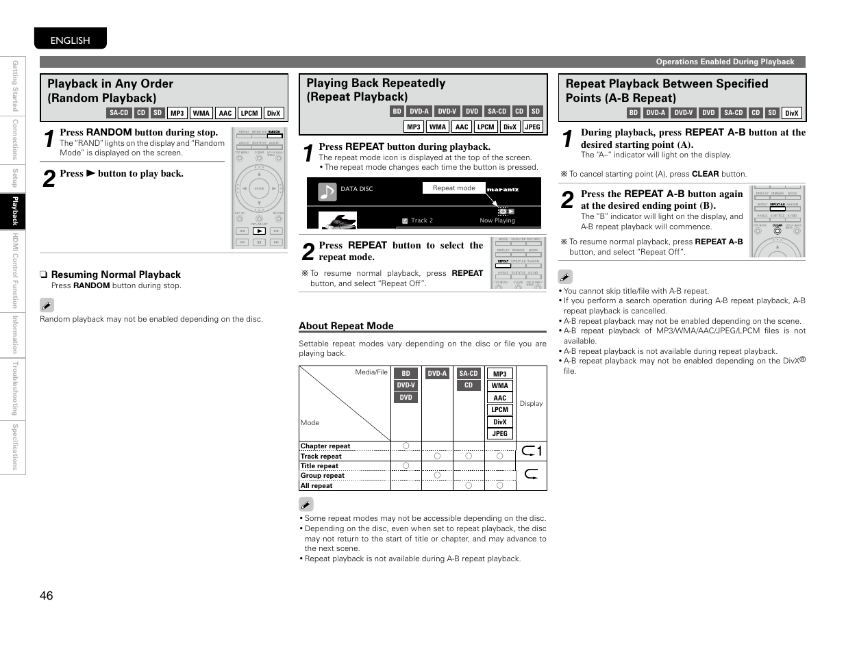 Random playback, Repeat playback, Playing back repeatedly (repeat playback) | Playback in any order (random playback) | Marantz UD9004 User Manual | Page 49 / 77