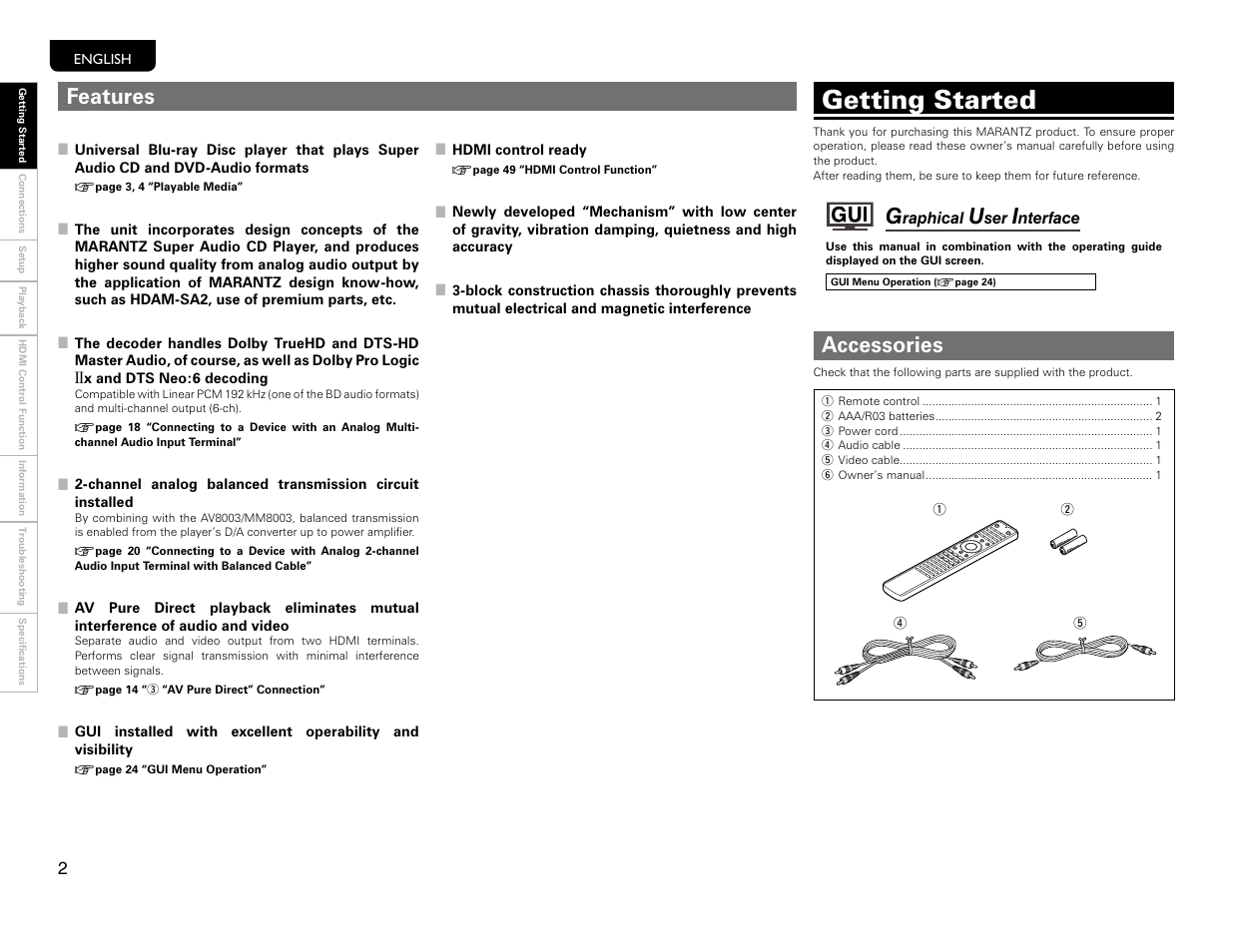 Features, Supplied accessories, Getting started | Accessories | Marantz UD9004 User Manual | Page 5 / 77