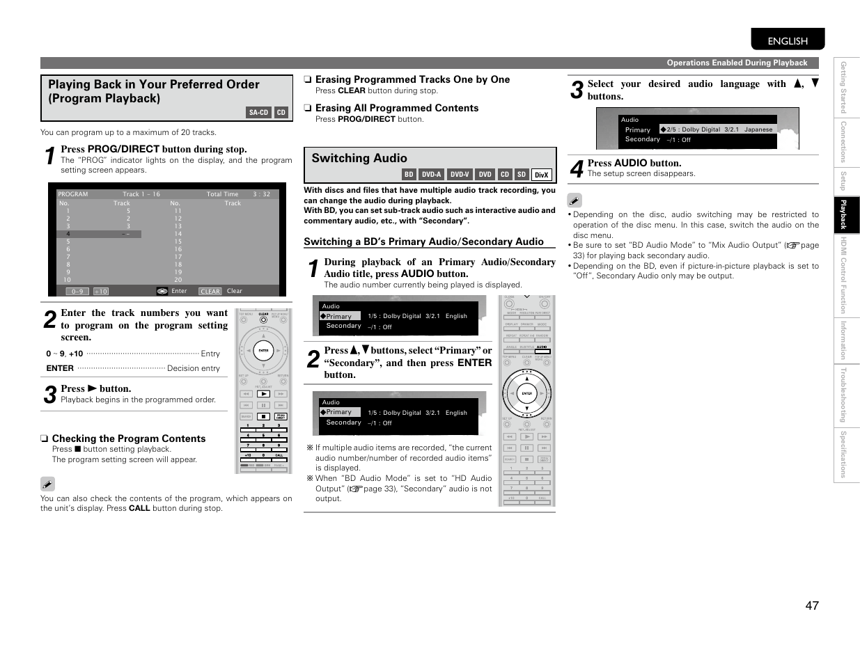 Program playback, Switching audio | Marantz UD9004 User Manual | Page 50 / 77
