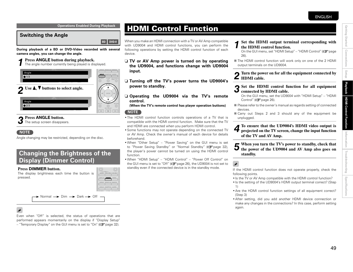 Switching the angle, Hdmi control function | Marantz UD9004 User Manual | Page 52 / 77
