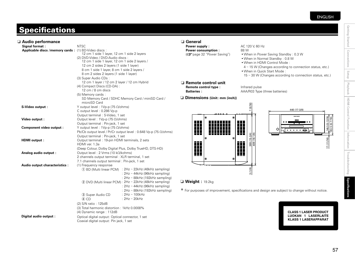 Specs, Speciğcations | Marantz UD9004 User Manual | Page 60 / 77