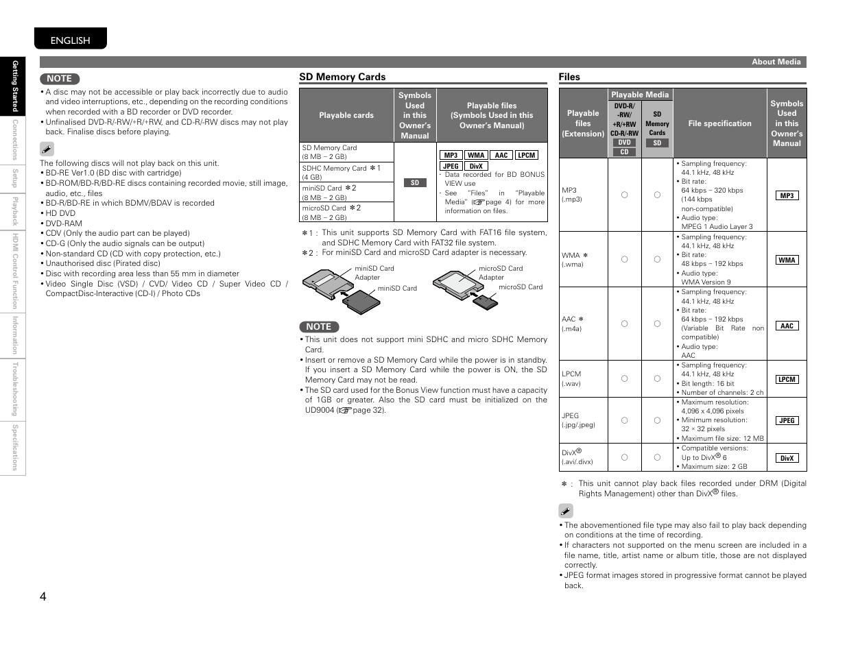 Sd card compatibility, File / format compatibility | Marantz UD9004 User Manual | Page 7 / 77