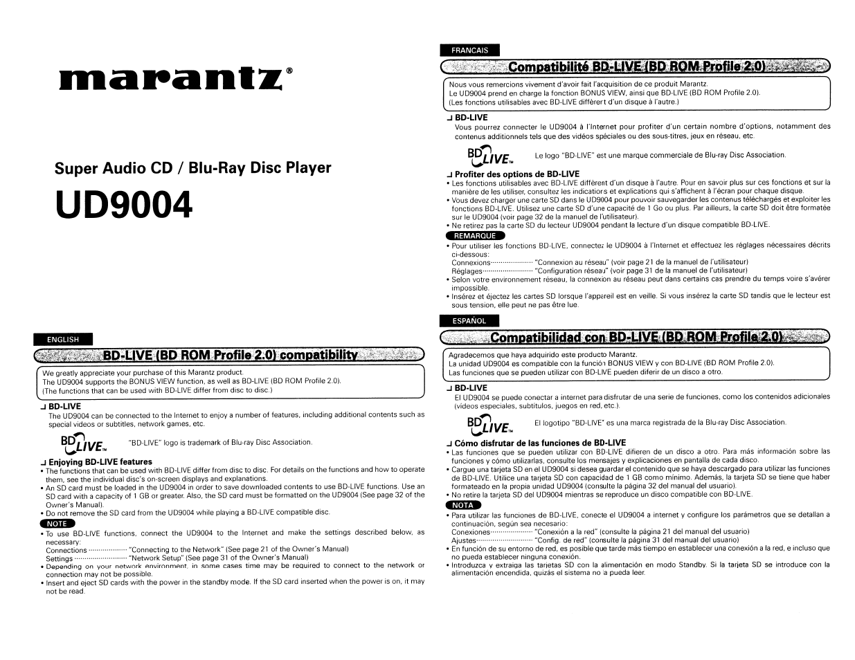 Bd-live compatibility information | Marantz UD9004 User Manual | Page 73 / 77