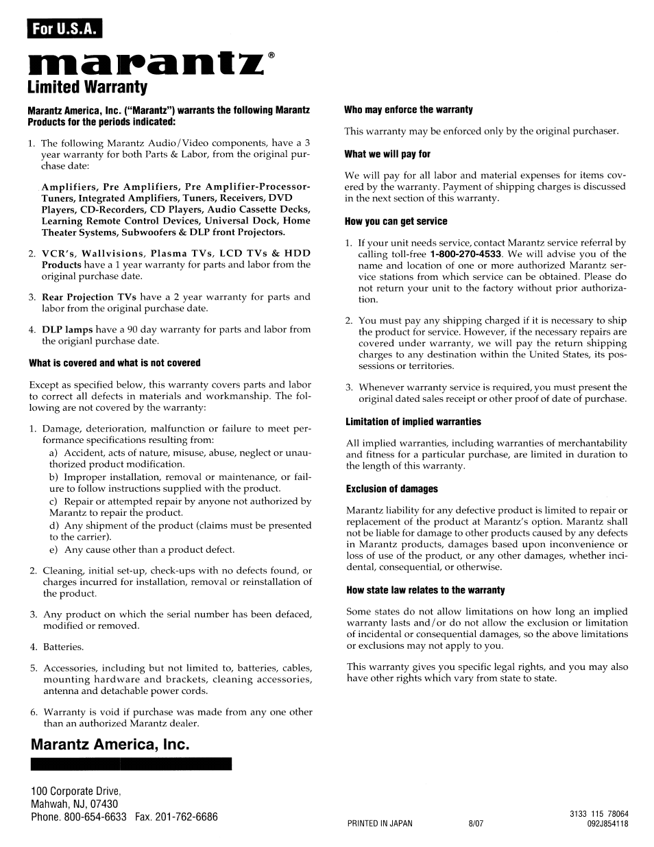 Warranty | Marantz UD9004 User Manual | Page 77 / 77