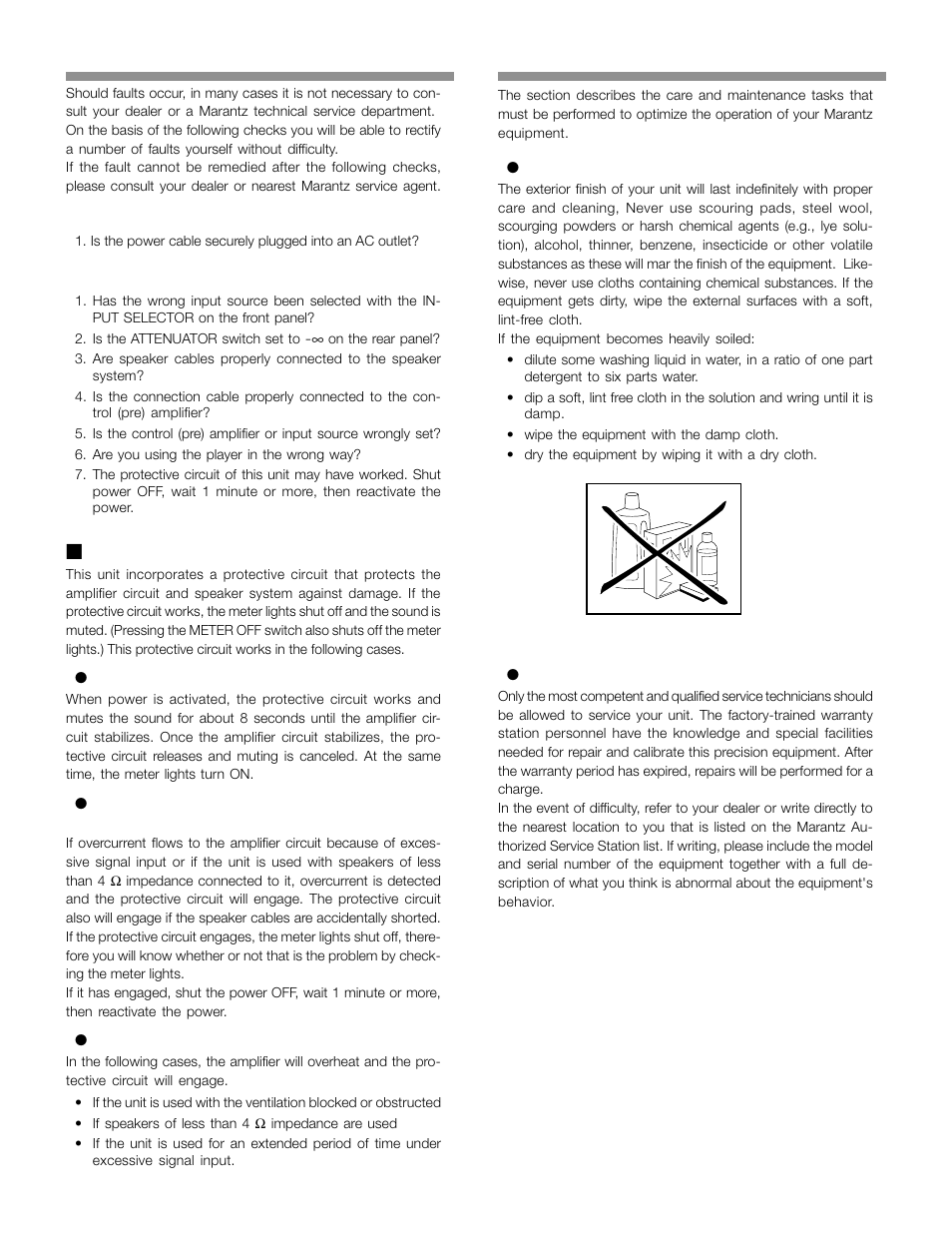 Troubleshooting, Trouble shooting, Maintenance | About the protective circuit | Marantz MA-9S1 User Manual | Page 17 / 20