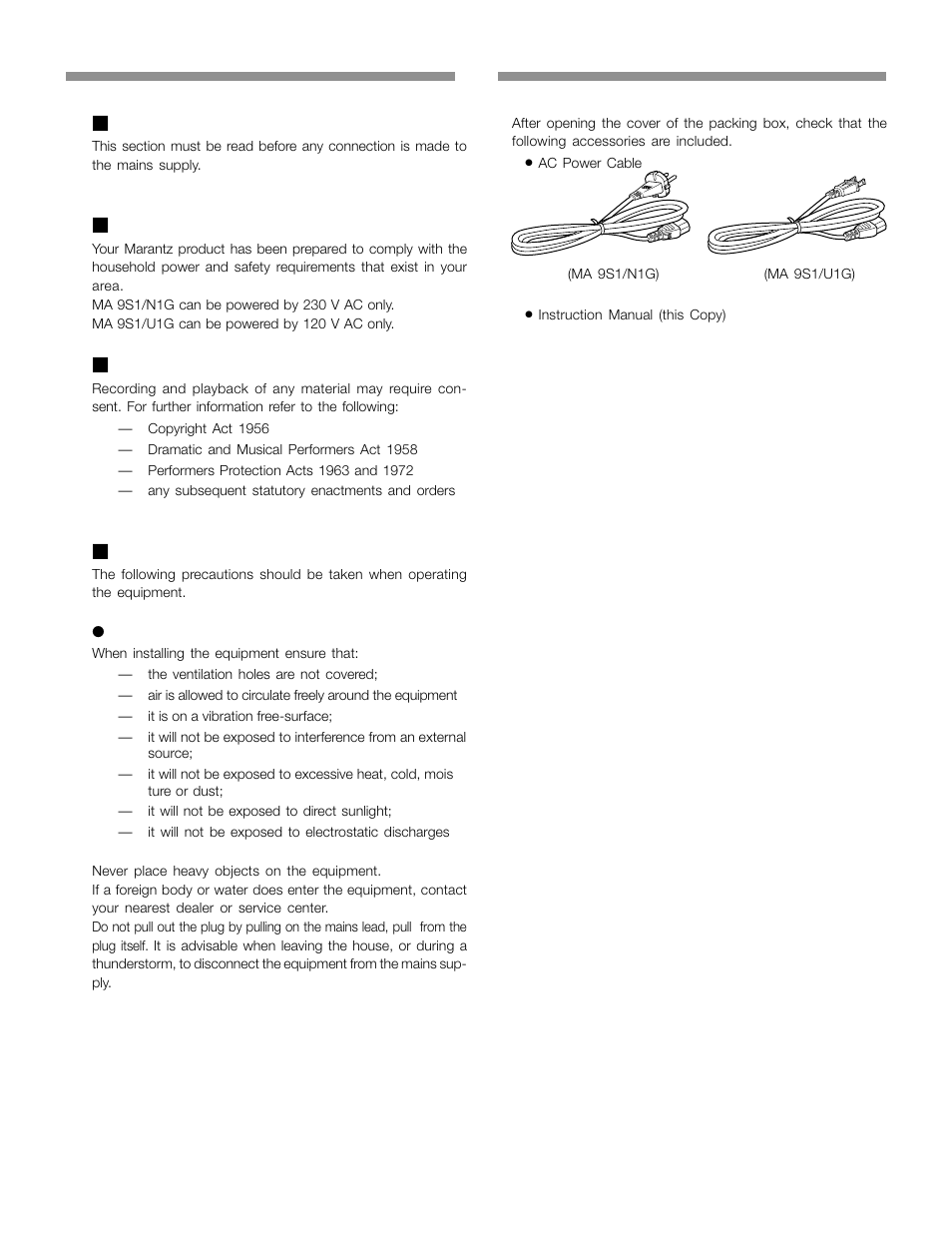 Supplied accessories, Instruction for use 2. accessories, Foreword | Equipment main ac power setting, Copyright, Precautions | Marantz MA-9S1 User Manual | Page 5 / 20