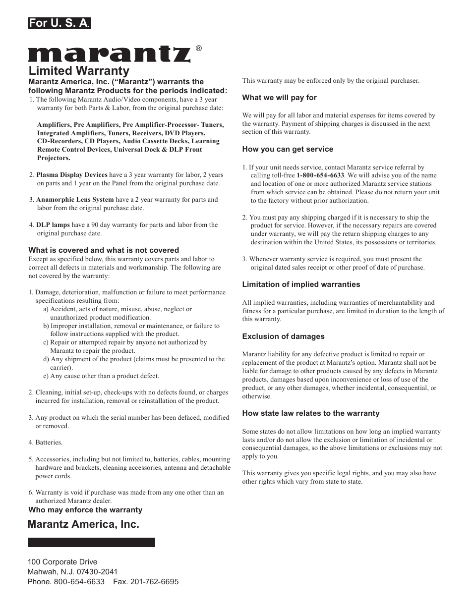 Limited warranty, For u. s. a, Marantz america, inc | Marantz LN9101M User Manual | Page 11 / 12
