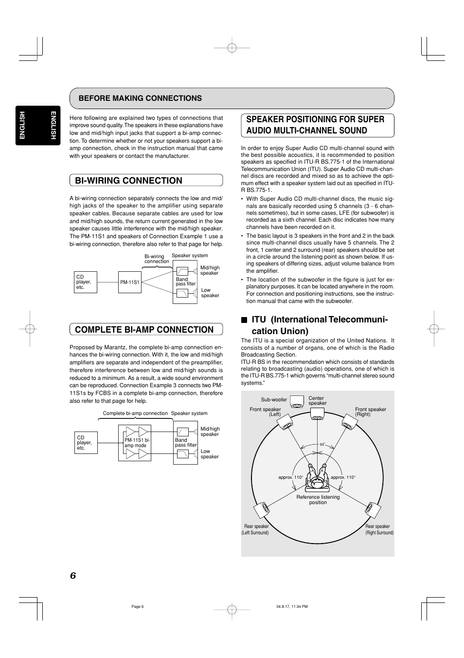 Bi-wiring connection, Complete bi-amp connection, 77 itu (international telecommuni- cation union) | Marantz PM-11S1 User Manual | Page 10 / 29