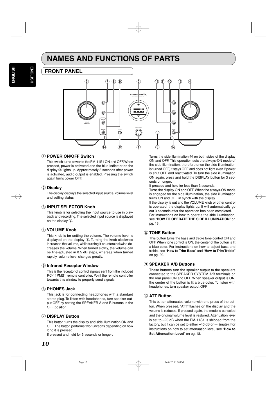 Names and functions of parts, Front panel, Q power on/off switch | W display, E input selector knob, R volume knob, T infrared receptor window, Y phones jack, U display button, I tone button | Marantz PM-11S1 User Manual | Page 14 / 29