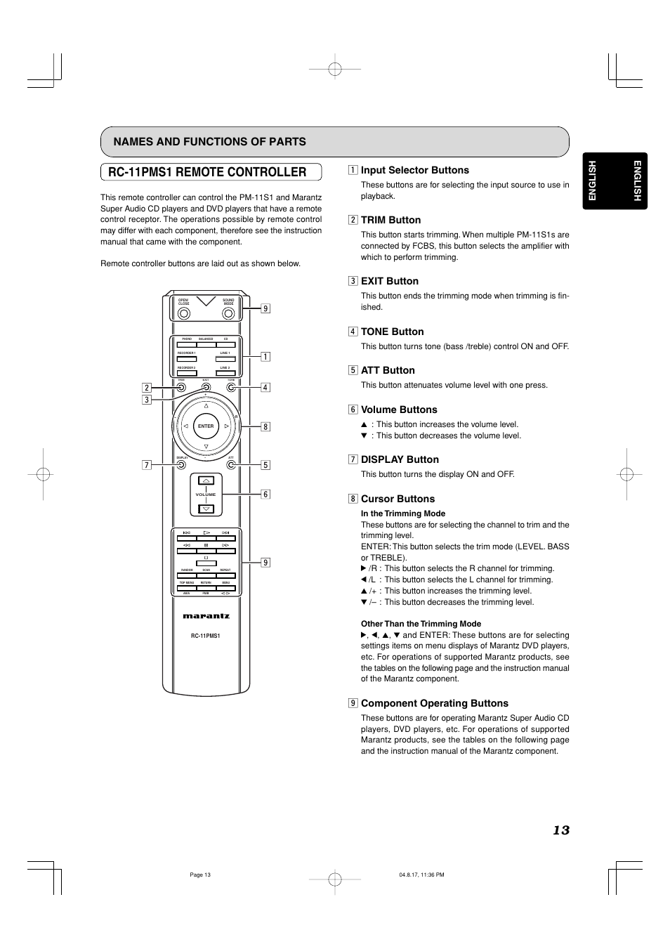 Rc-11pms1 remote controller, Names and functions of parts, Z input selector buttons | X trim button, C exit button, V tone button, B att button, N volume buttons, M display button, Cursor buttons | Marantz PM-11S1 User Manual | Page 17 / 29