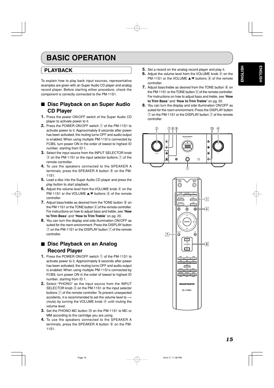 Basic operation, Playback, 77 disc playback on an super audio cd player | 77 disc playback on an analog record player | Marantz PM-11S1 User Manual | Page 19 / 29