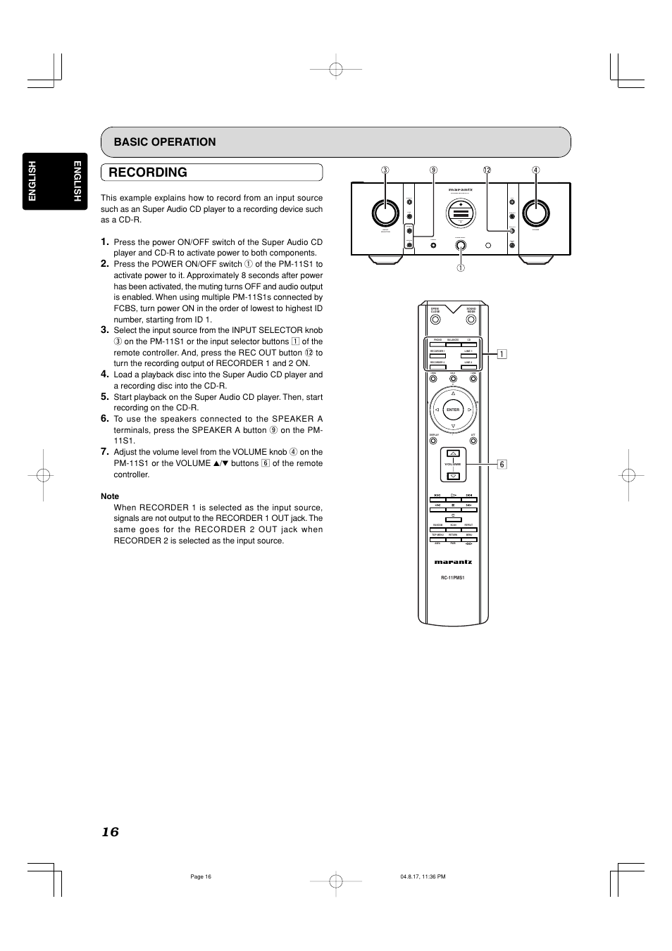 Recording, Basic operation, English | Marantz PM-11S1 User Manual | Page 20 / 29