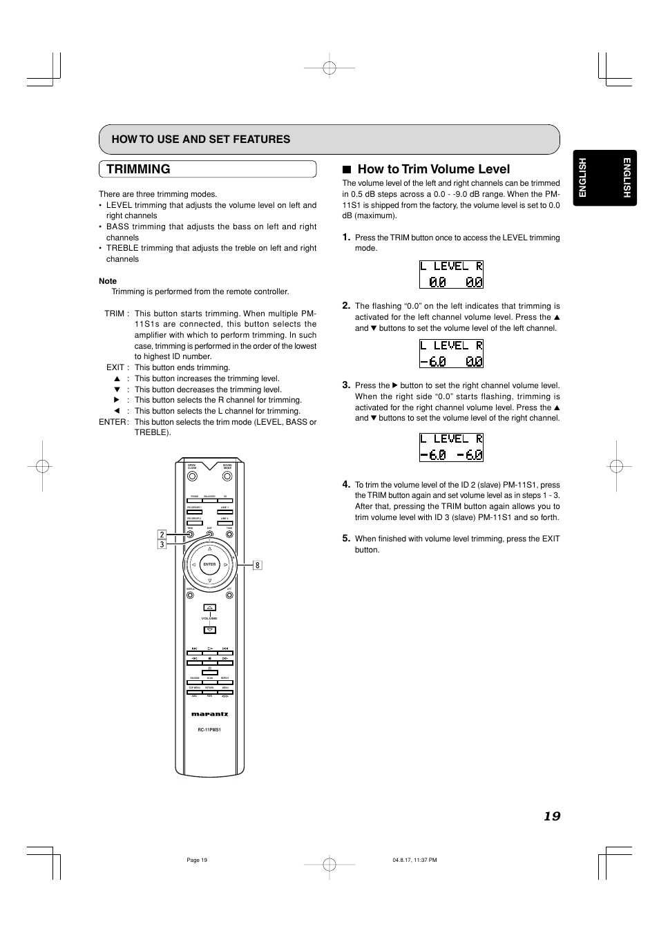 Trimming, 77 how to trim volume level, How to use and set features | English | Marantz PM-11S1 User Manual | Page 23 / 29