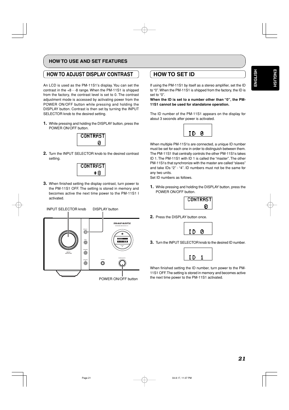 How to adjust display contrast, How to set id, How to use and set features | Operate | Marantz PM-11S1 User Manual | Page 25 / 29