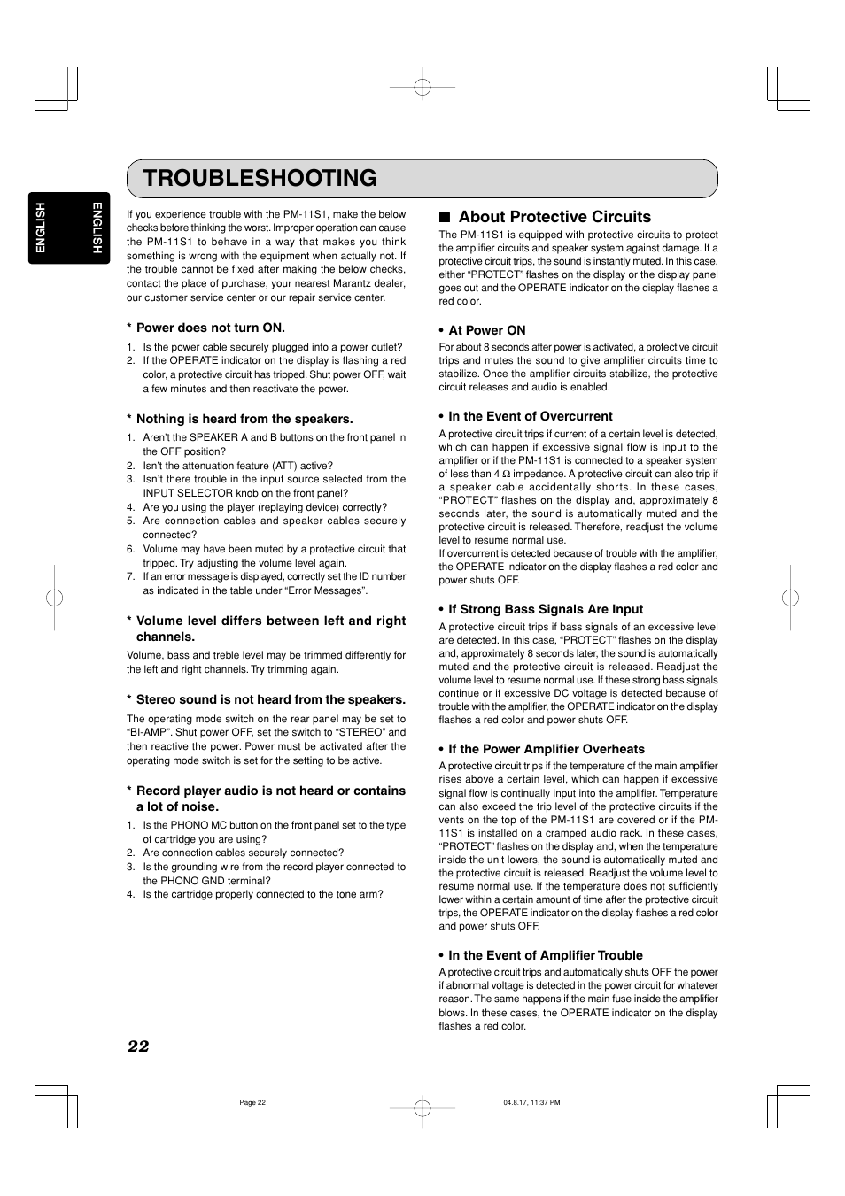 Troubleshooting, 77 about protective circuits | Marantz PM-11S1 User Manual | Page 26 / 29