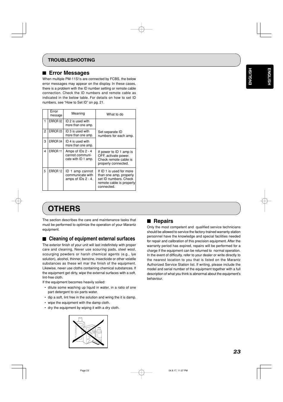 Others, 77 error messages, 77 cleaning of equipment external surfaces | 77 repairs | Marantz PM-11S1 User Manual | Page 27 / 29