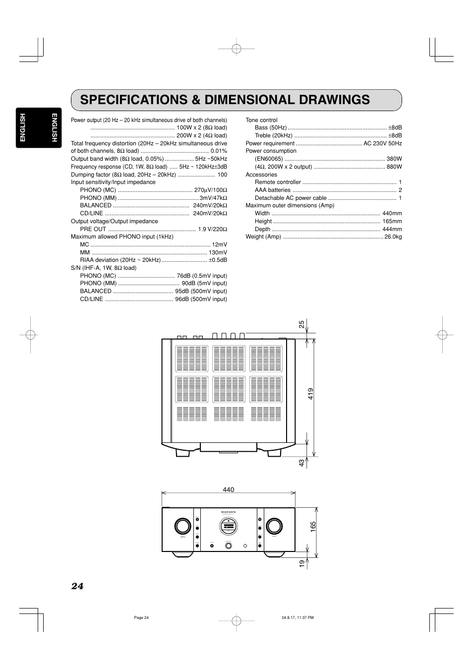 Specifications & dimensional drawings | Marantz PM-11S1 User Manual | Page 28 / 29