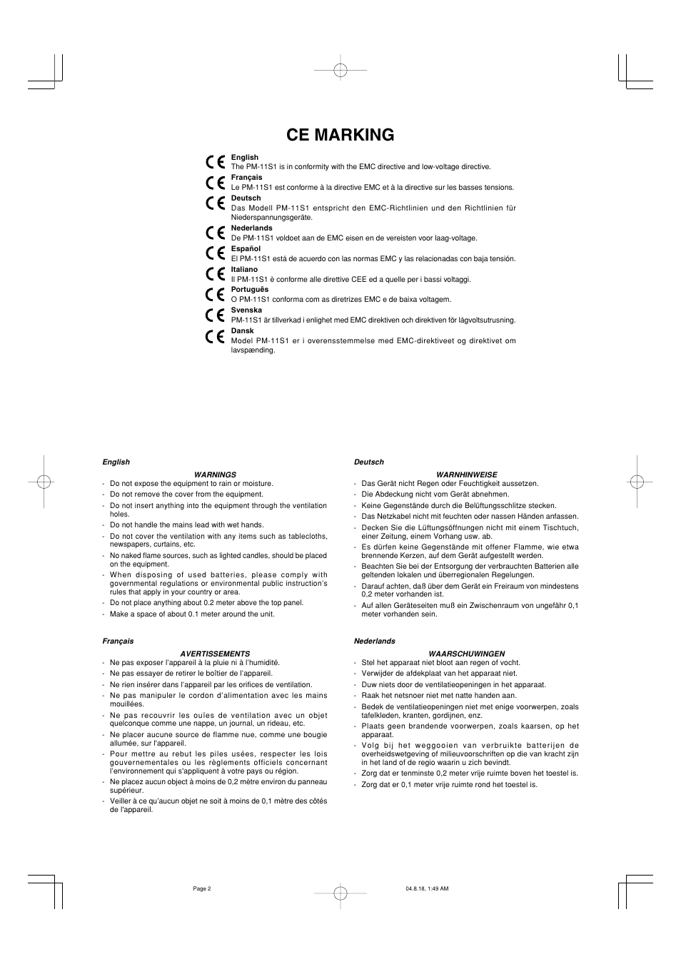 Ce marking | Marantz PM-11S1 User Manual | Page 3 / 29