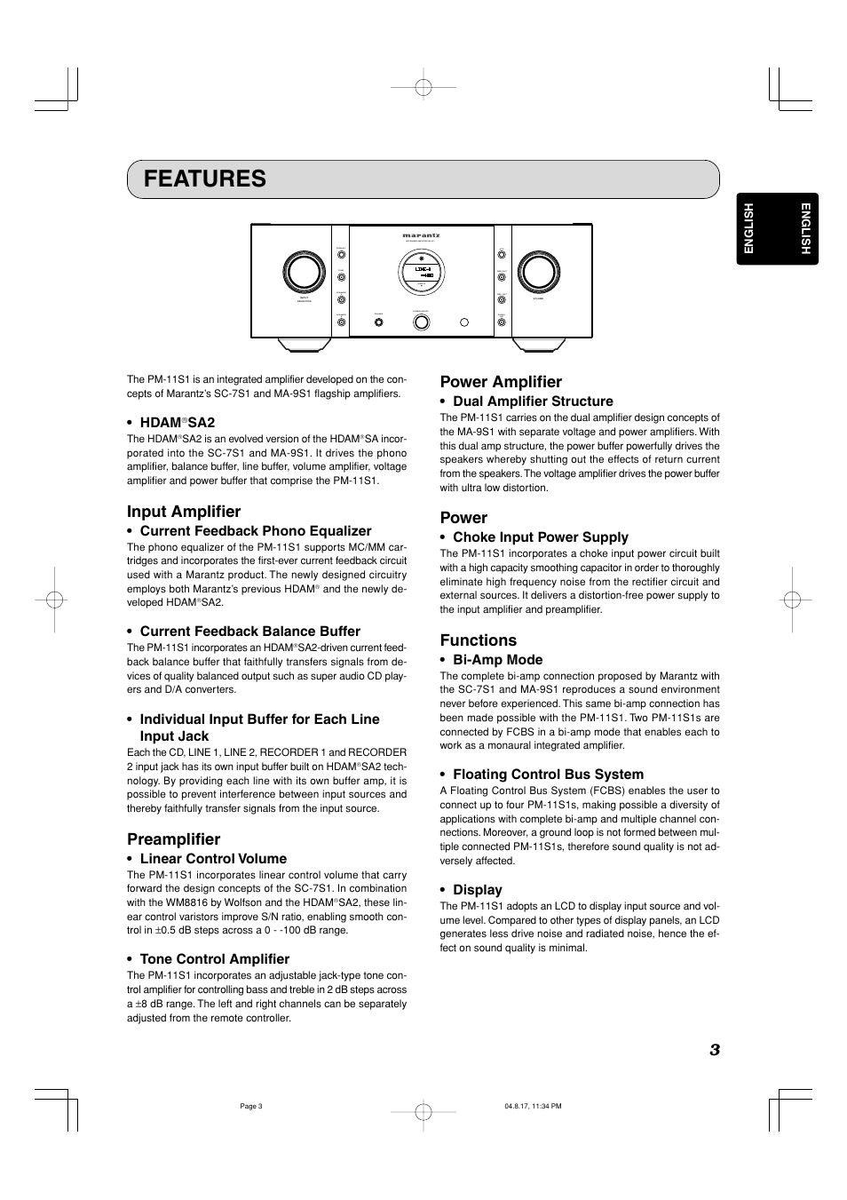 Features, Input amplifier, Preamplifier | Power amplifier, Power, Functions | Marantz PM-11S1 User Manual | Page 7 / 29